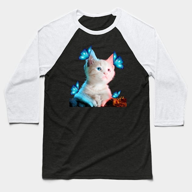 Cat With Butterfly T-Shirt Baseball T-Shirt by drag is art